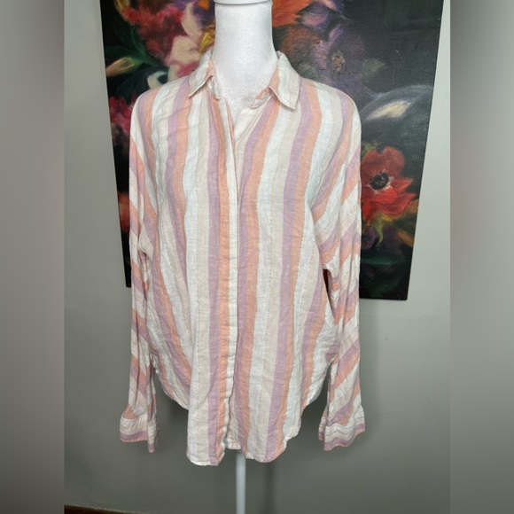 Rails Womens Linen Top Dusk Stripe Alyssa Button Down Pastel Top Metallic Size M - Picture 2 of 10